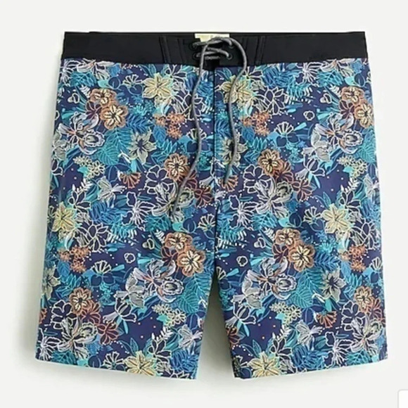New J Crew Mens 9" Stretch Board Shorts Navy Blue Floral Print - Picture 2 of 9